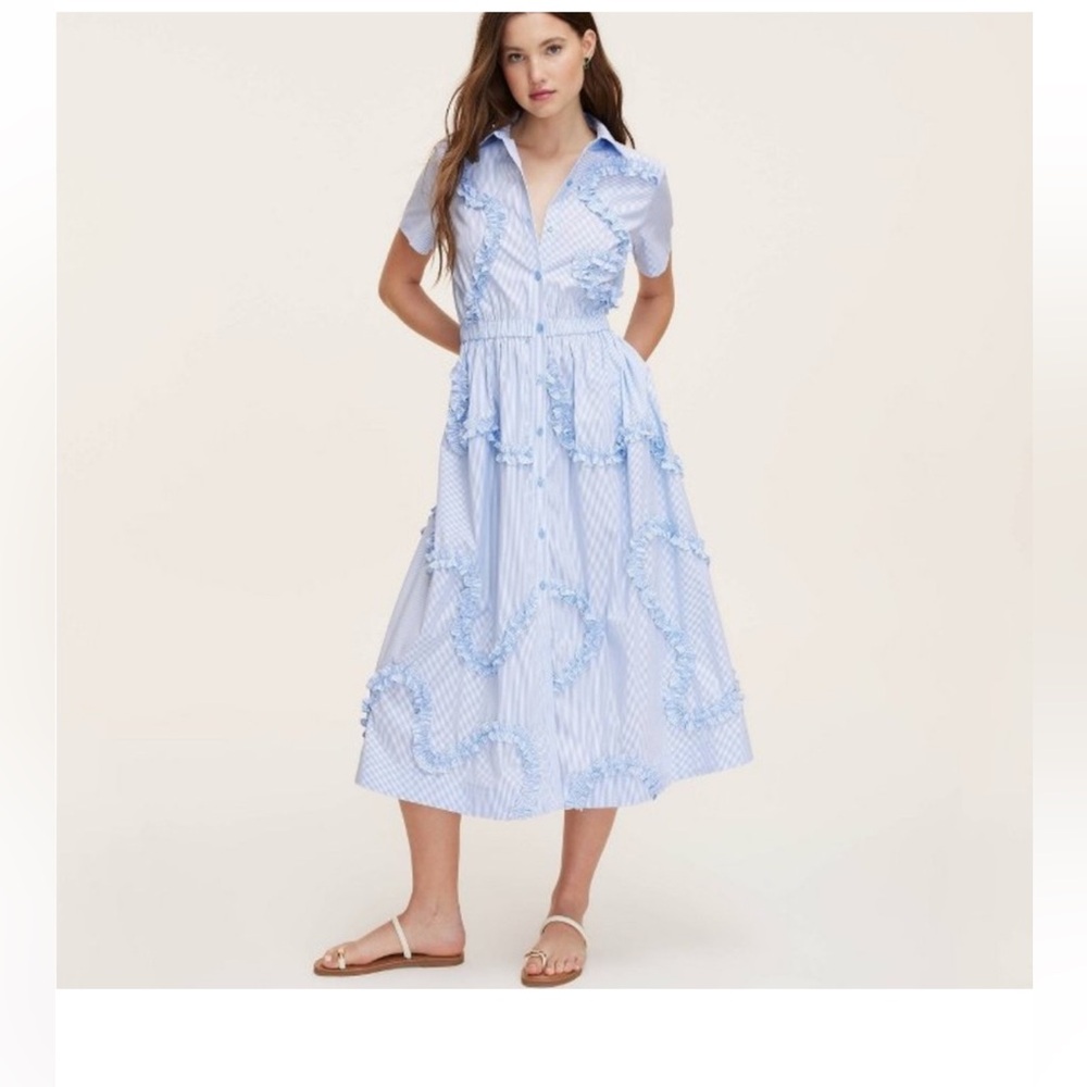 kate spade Light Blue and White Striped Ruffle Midi Shirt Dress